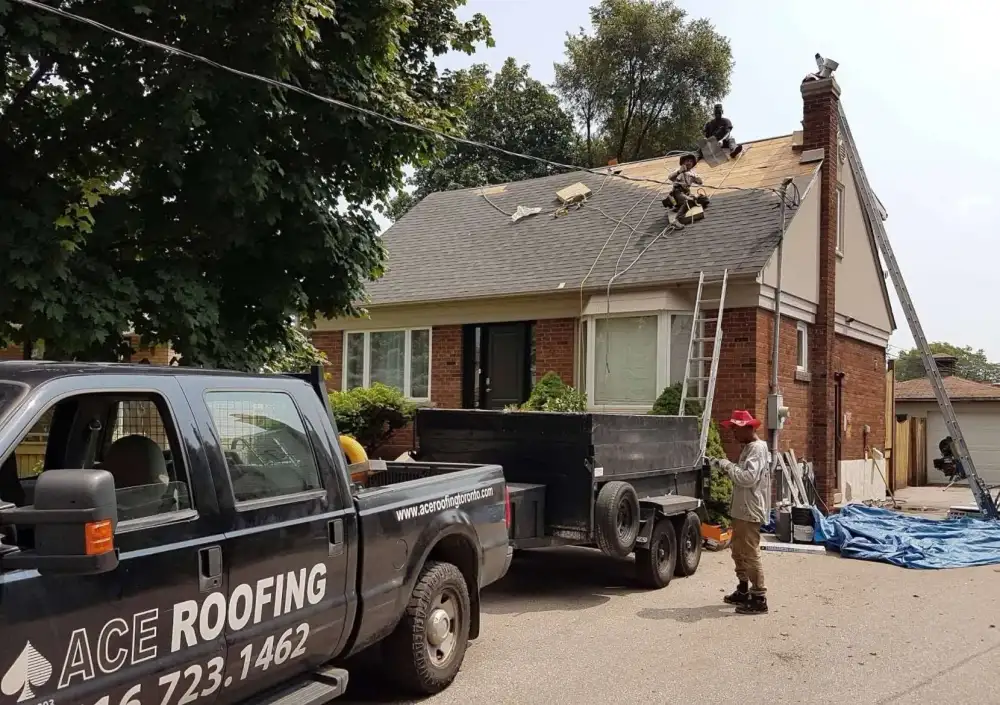 Ace Roofing service truck on site for an emergency repair