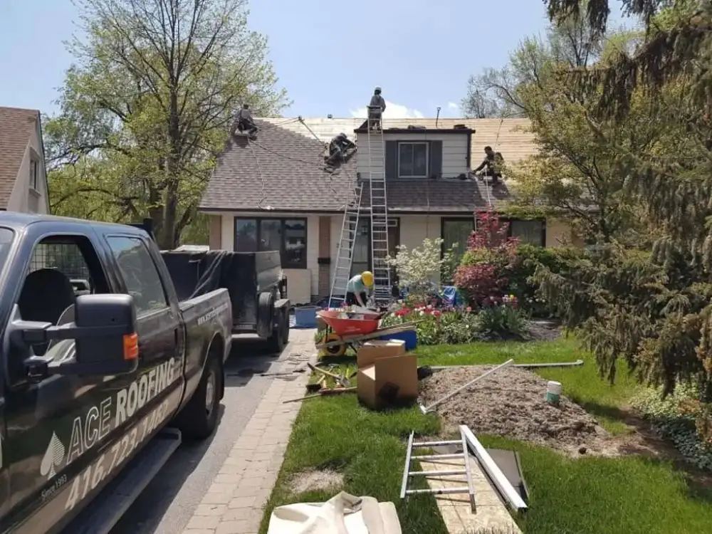 Ace Roofing truck parked near a home during emergency repairs