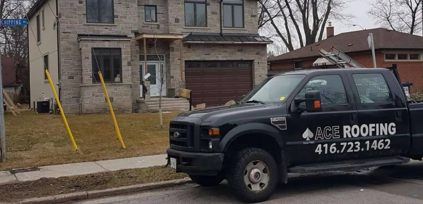 Ace Roofing service truck and crew on site in Toronto